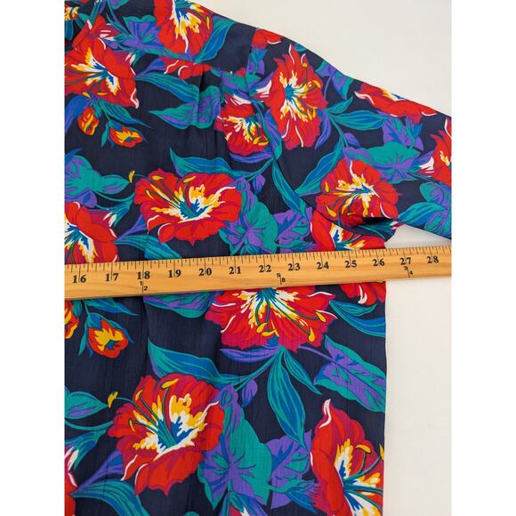 Chaus Woman VTG Hawaiian Floral Blouse 2X Short Sleeve Blue Red Elastic Waist - Picture 6 of 7
